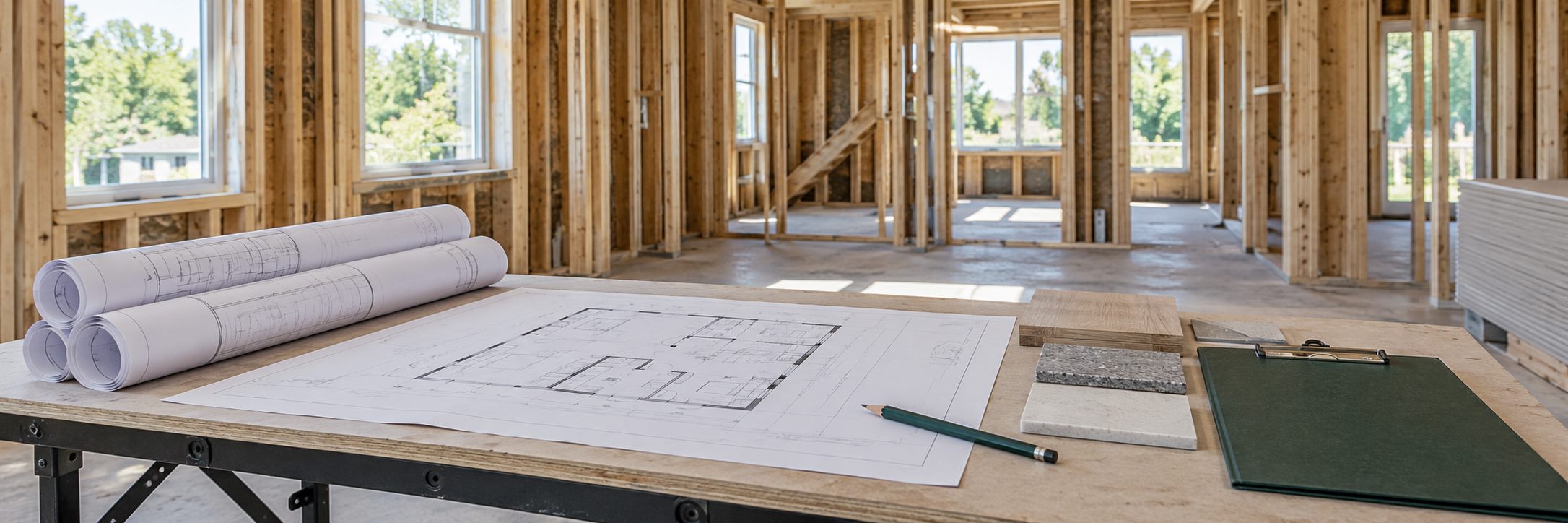 Plans and material samples on a table inside a timber-framed construction project