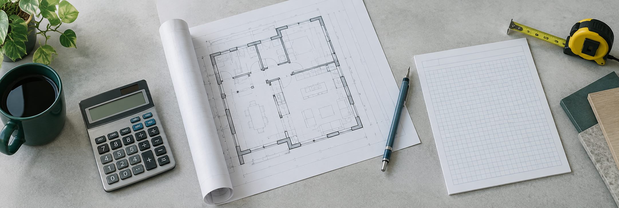 Calculator, floor plan, pencil and an estimate worksheet arranged on a worktable