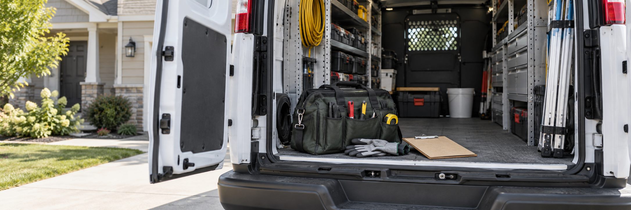 Tools, gloves and a clipboard ready for service calls in an organized work van