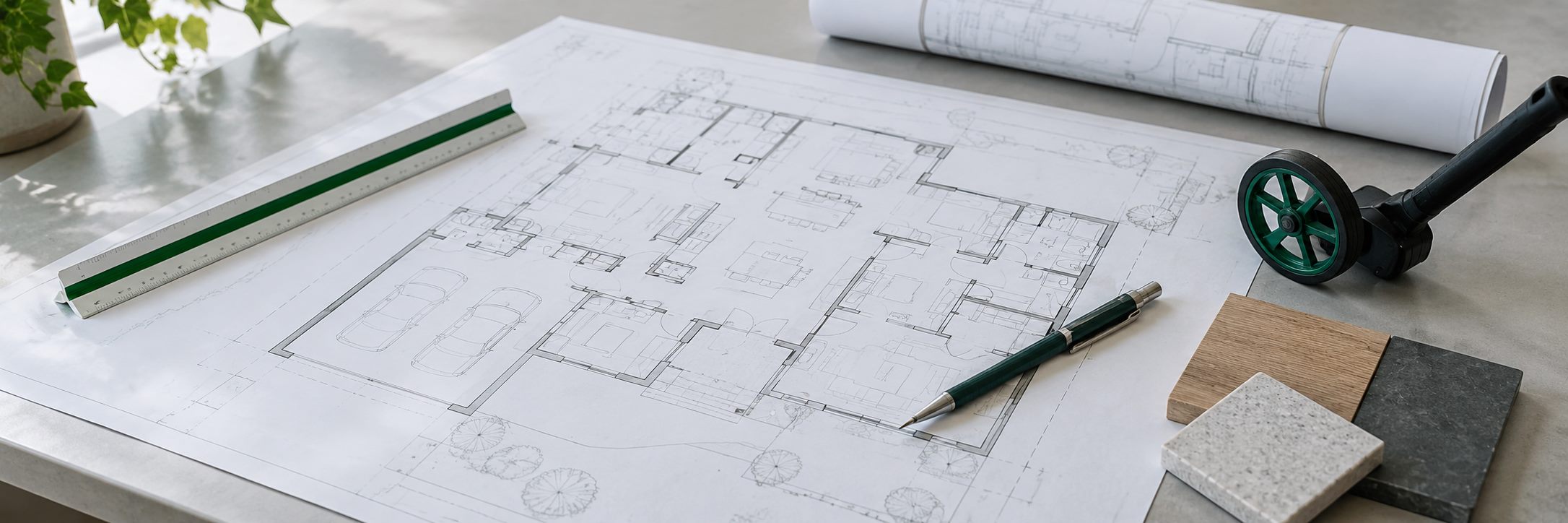 Floor plan with a scale ruler, pencil, measuring tool and material samples